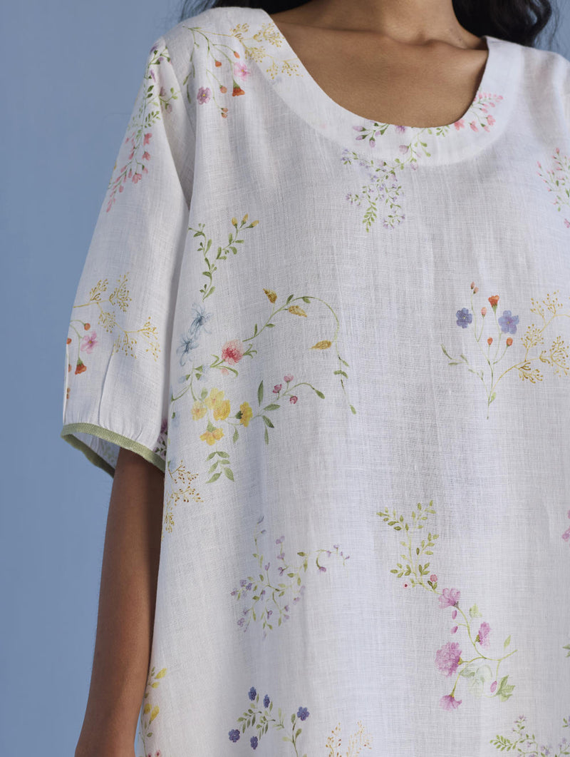 Nami Floral Printed Linen Dress - White linen by Manan in white color for women in Singapore