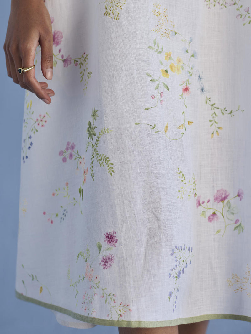 Nami Floral Printed Linen Dress - White linen by Manan in white color for women in Singapore