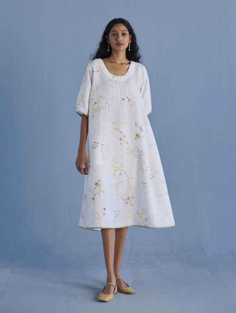 Nami Floral Printed Linen Dress - White linen by Manan in white color for women in Singapore