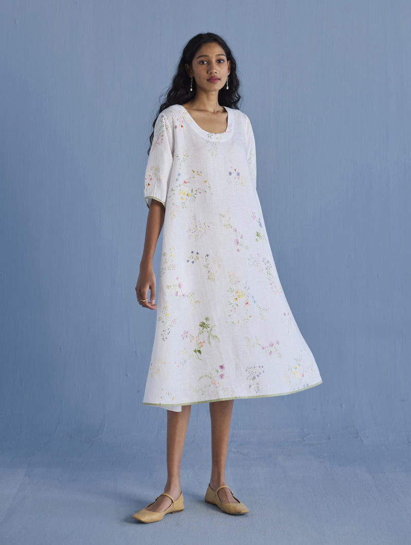 Nami Floral Printed Linen Dress - White linen by Manan in white color for women in Singapore