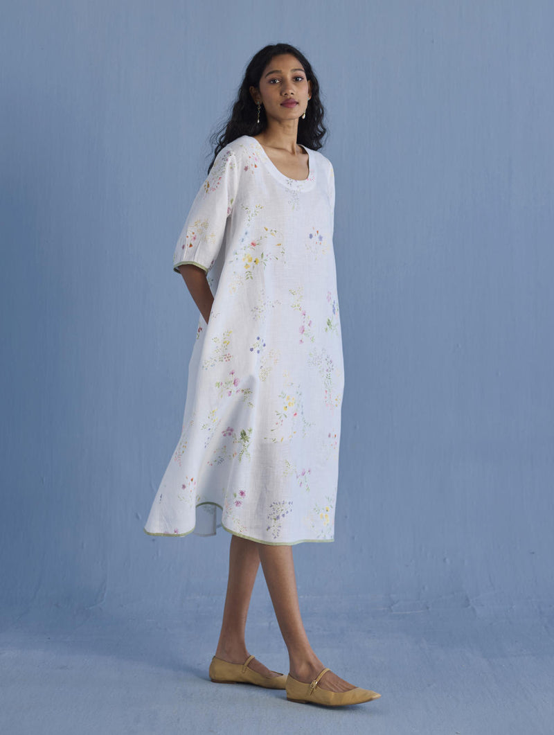 Nami Floral Printed Linen Dress - White linen by Manan in white color for women in Singapore