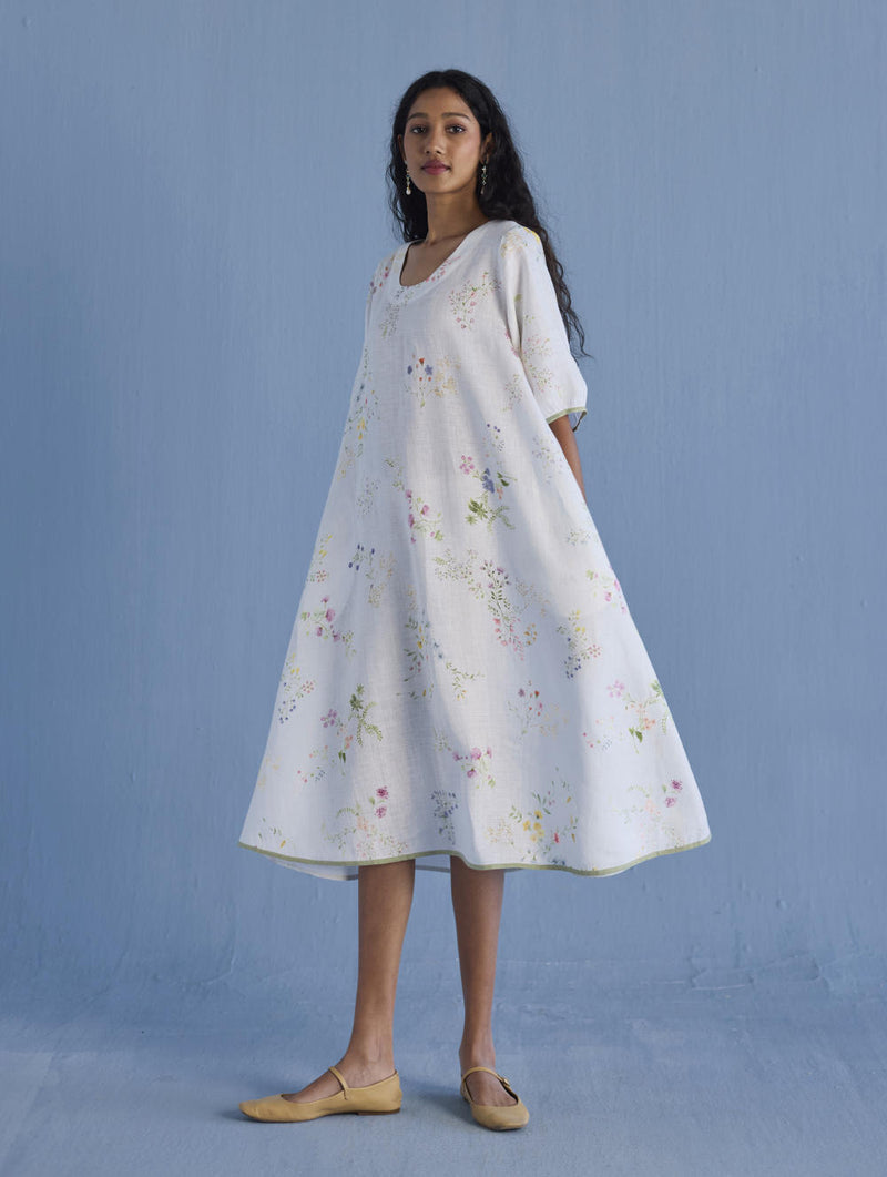 Nami Floral Printed Linen Dress - White linen by Manan in white color for women in Singapore