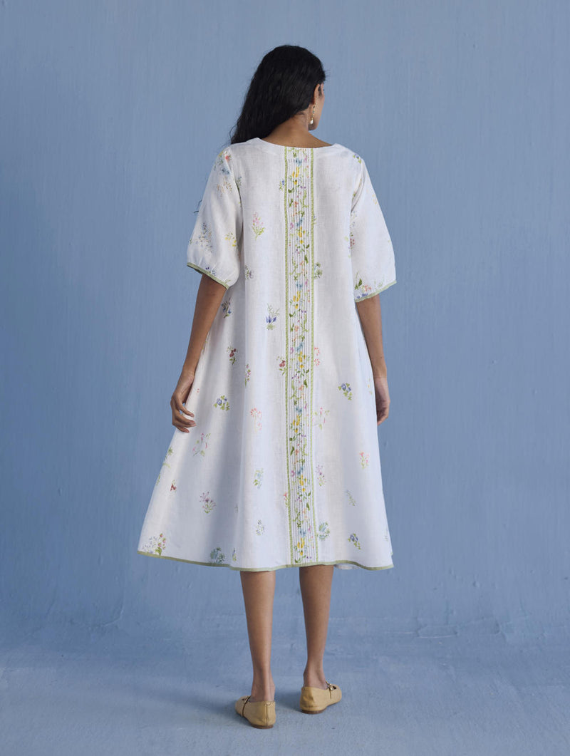 Nami Floral Printed Linen Dress - White linen by Manan in white color for women in Singapore