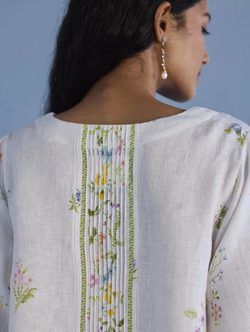 Nami Floral Printed Linen Dress - White linen by Manan in white color for women in Singapore