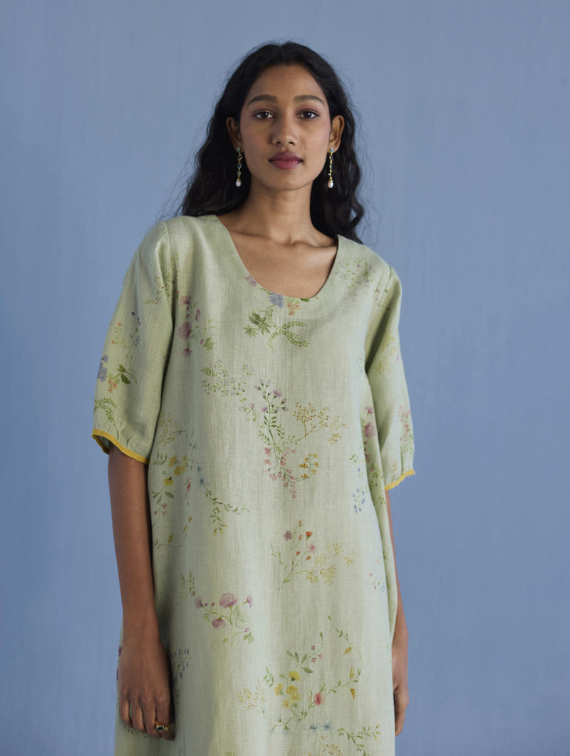 Nami Floral Printed Linen Dress - Mint linen by Manan in mint color for women in Singapore