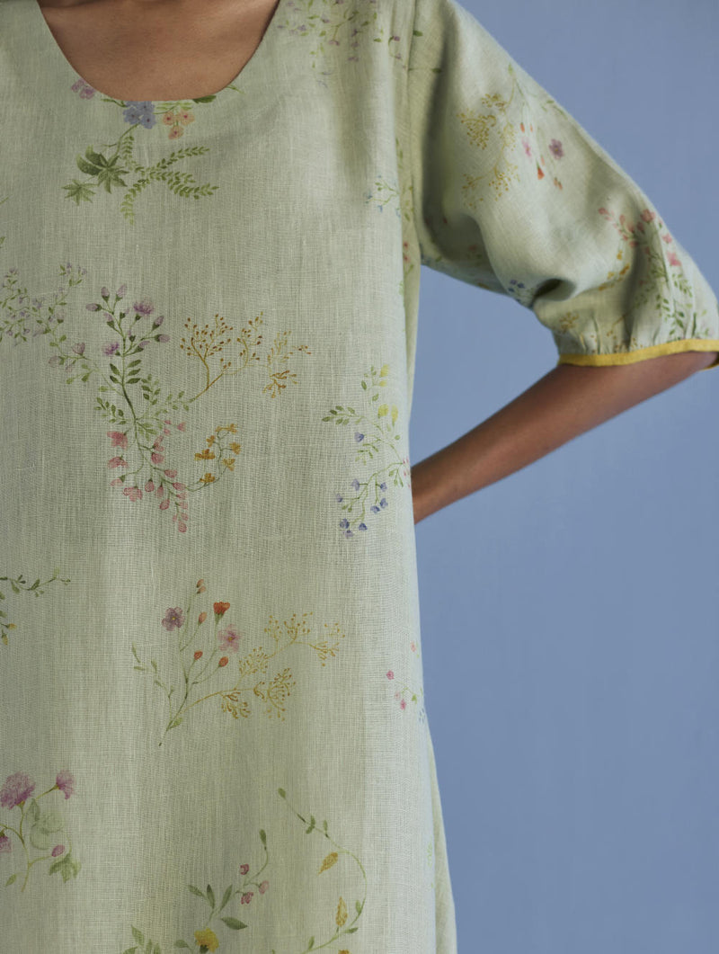 Nami Floral Printed Linen Dress - Mint linen by Manan in mint color for women in Singapore