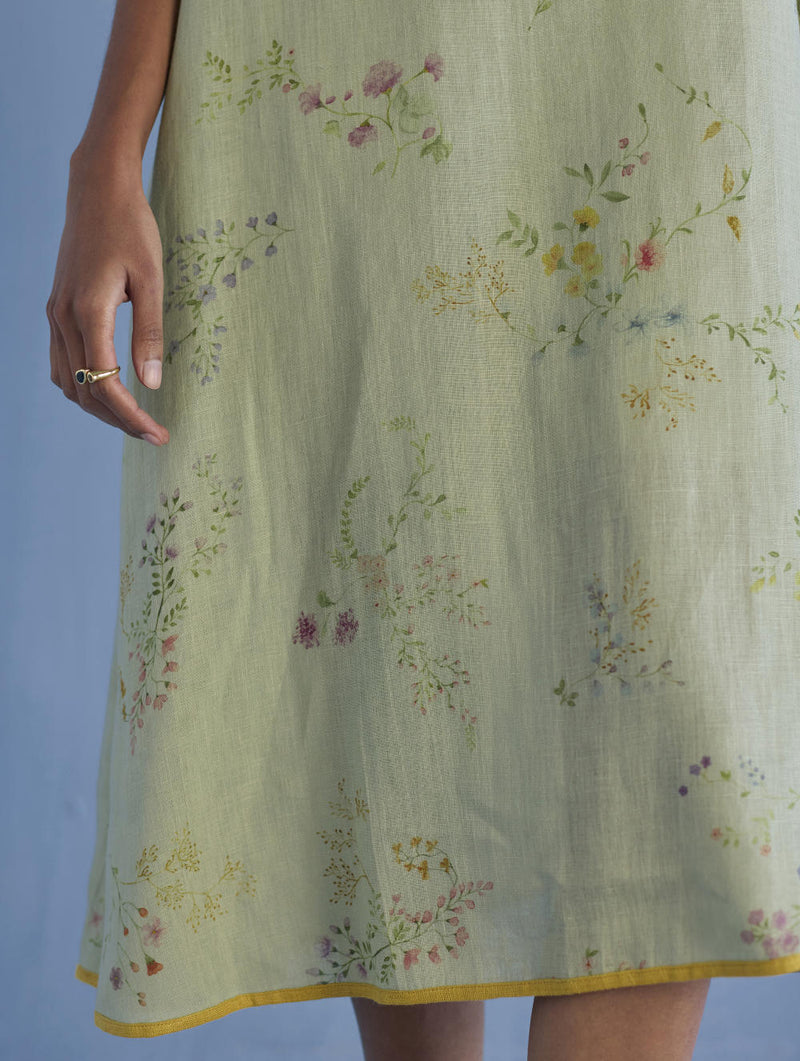 Nami Floral Printed Linen Dress - Mint linen by Manan in mint color for women in Singapore