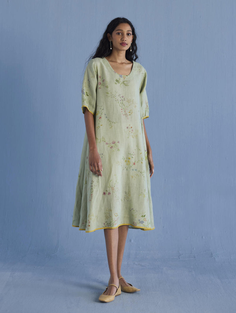 Nami Floral Printed Linen Dress - Mint linen by Manan in mint color for women in Singapore