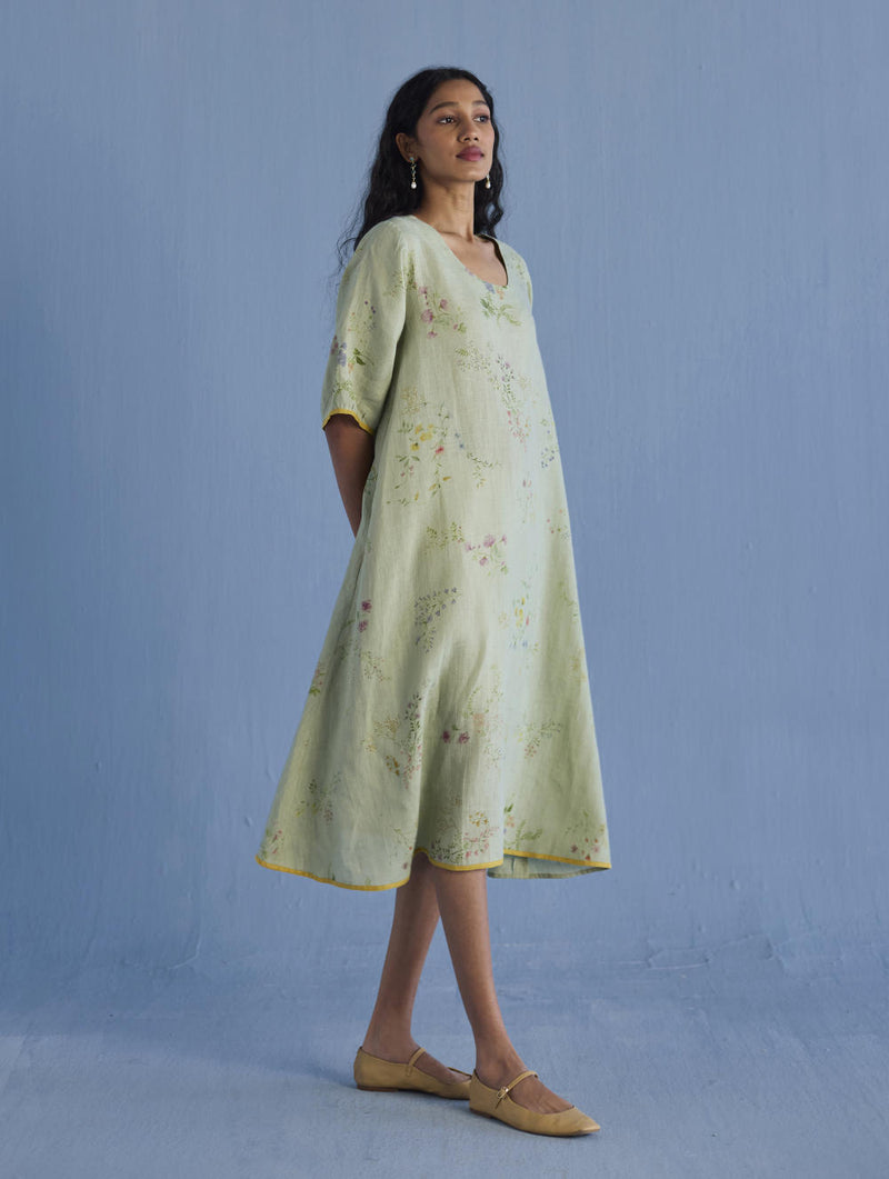 Nami Floral Printed Linen Dress - Mint linen by Manan in mint color for women in Singapore