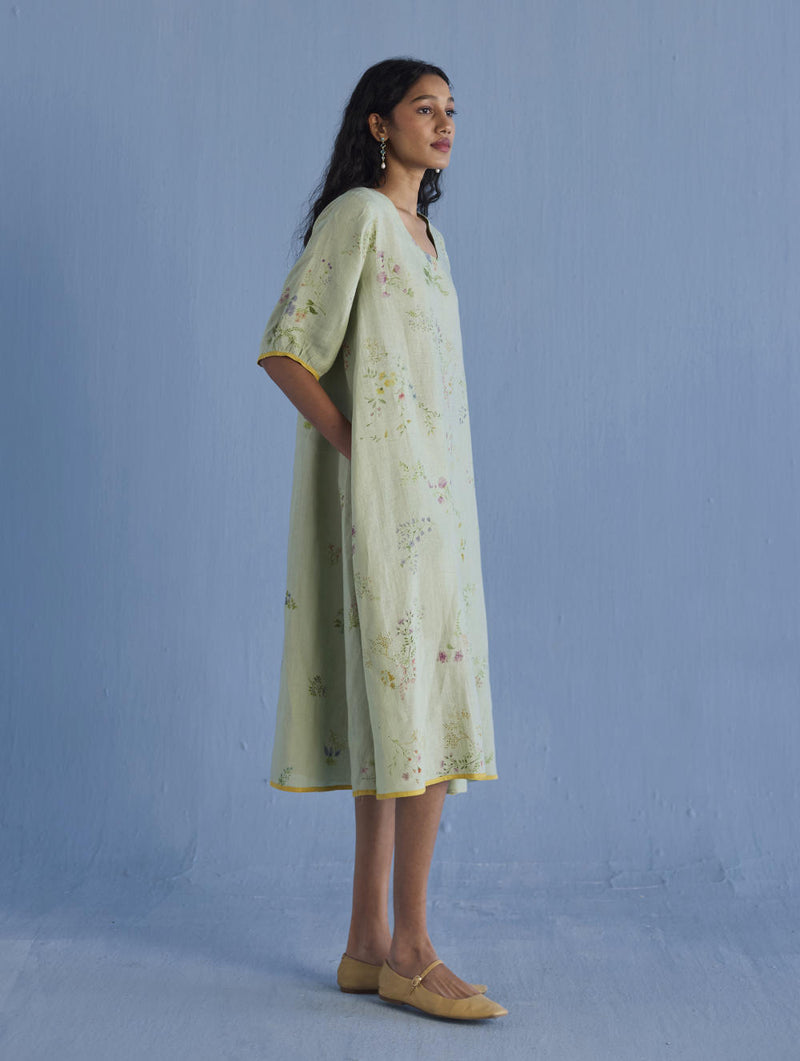 Nami Floral Printed Linen Dress - Mint linen by Manan in mint color for women in Singapore