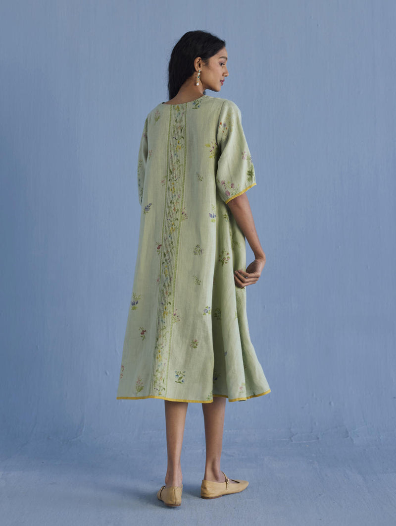 Nami Floral Printed Linen Dress - Mint linen by Manan in mint color for women in Singapore