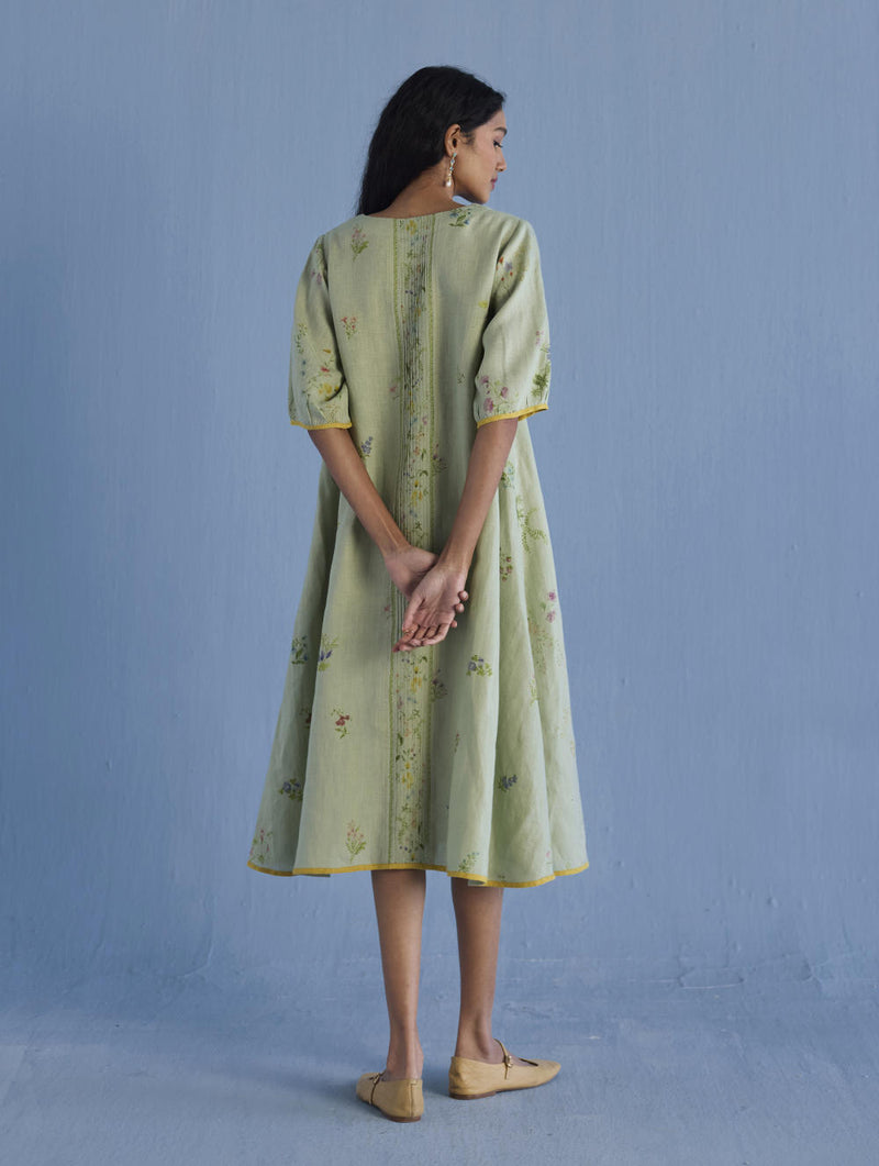 Nami Floral Printed Linen Dress - Mint linen by Manan in mint color for women in Singapore