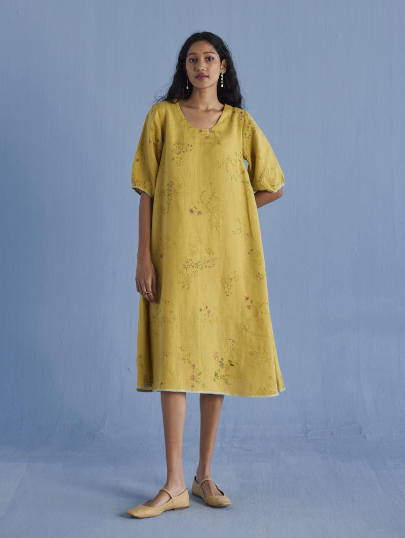 Nami Floral Printed Linen Dress - Ochre linen by Manan for women in Singapore