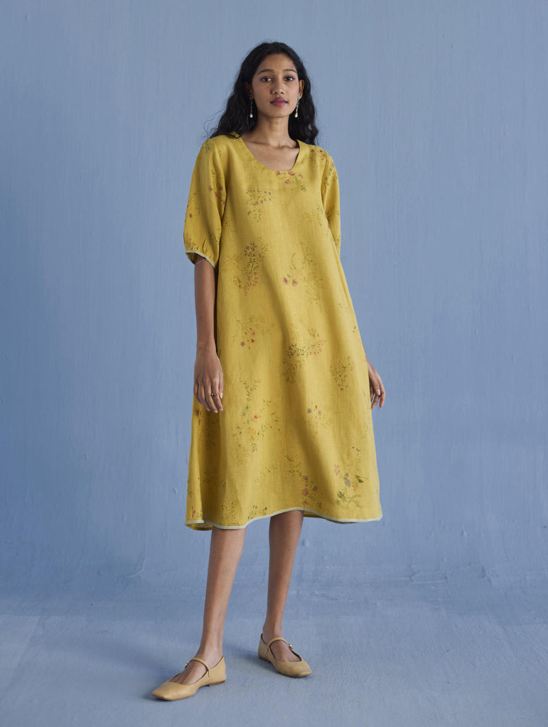 Nami Floral Printed Linen Dress - Ochre linen by Manan for women in Singapore