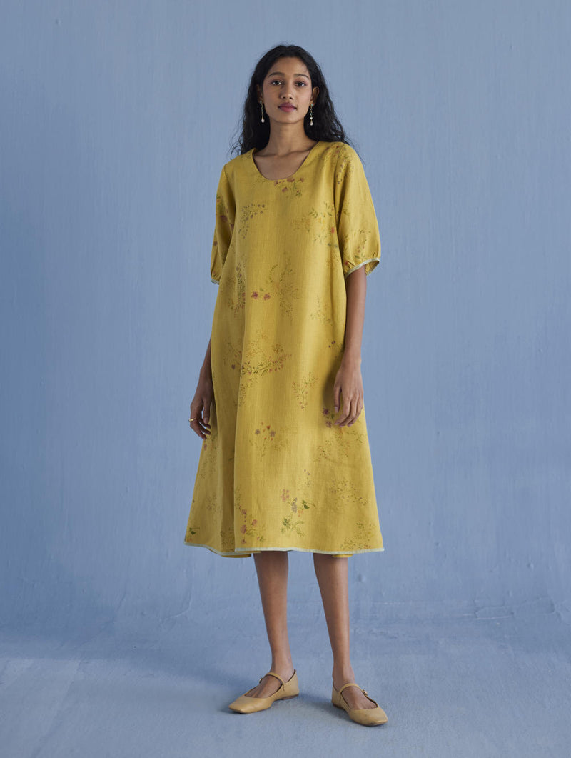 Nami Floral Printed Linen Dress - Ochre linen by Manan for women in Singapore