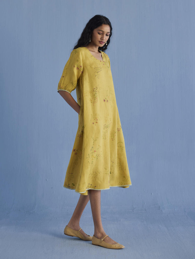 Nami Floral Printed Linen Dress - Ochre linen by Manan for women in Singapore