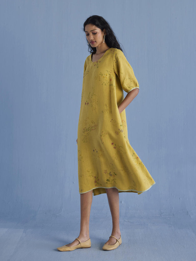 Nami Floral Printed Linen Dress - Ochre linen by Manan for women in Singapore