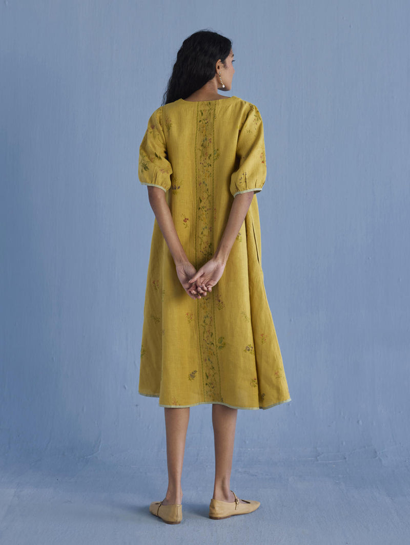 Nami Floral Printed Linen Dress - Ochre linen by Manan for women in Singapore