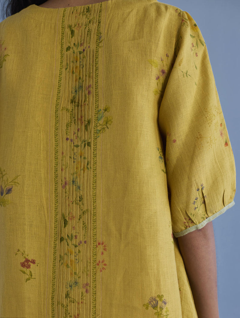 Nami Floral Printed Linen Dress - Ochre linen by Manan for women in Singapore