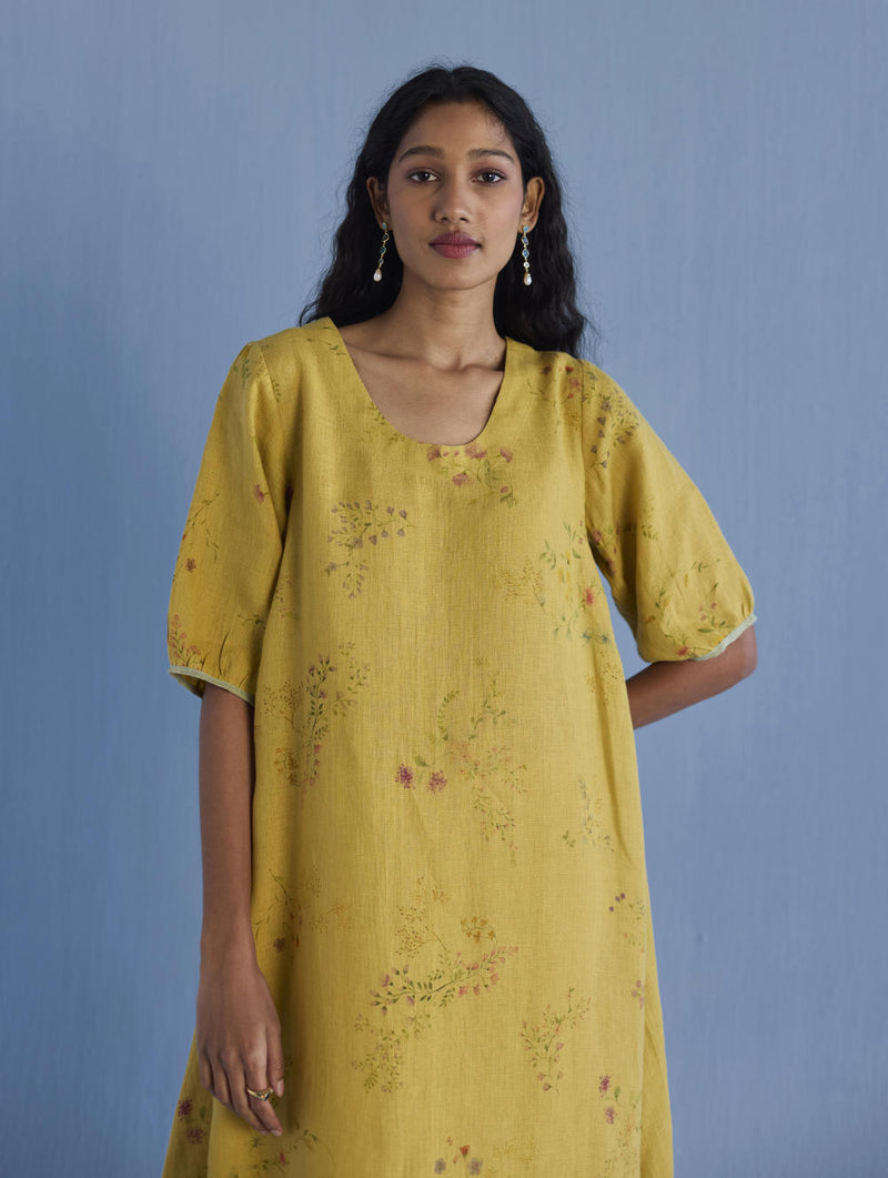 Nami Floral Printed Linen Dress - Ochre linen by Manan for women in Singapore