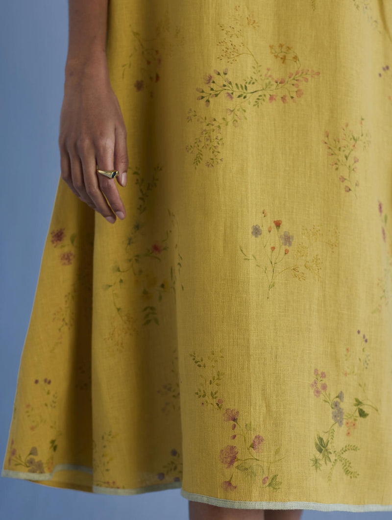 Nami Floral Printed Linen Dress - Ochre linen by Manan for women in Singapore