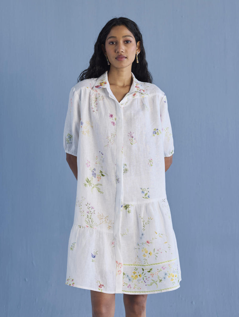 Sia Hand-Embroidered Floral Dress - White linen by Manan in white color for women in Singapore