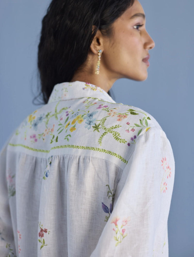 Sia Hand-Embroidered Floral Dress - White linen by Manan in white color for women in Singapore