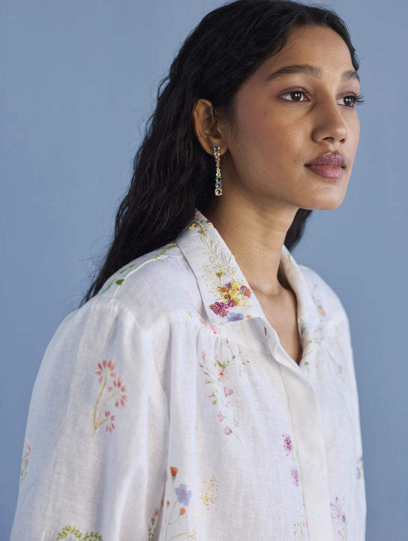 Sia Hand-Embroidered Floral Dress - White linen by Manan in white color for women in Singapore