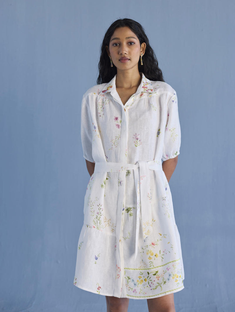 Sia Hand-Embroidered Floral Dress - White linen by Manan in white color for women in Singapore