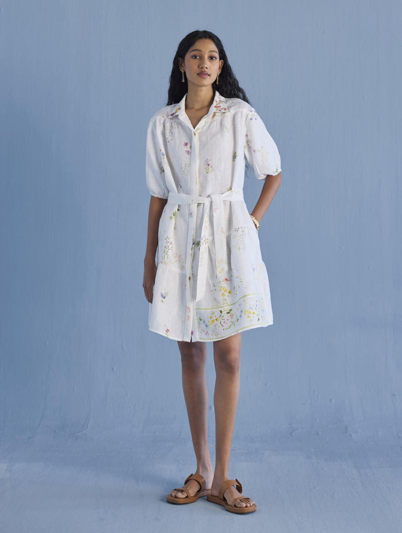 Sia Hand-Embroidered Floral Dress - White linen by Manan in white color for women in Singapore