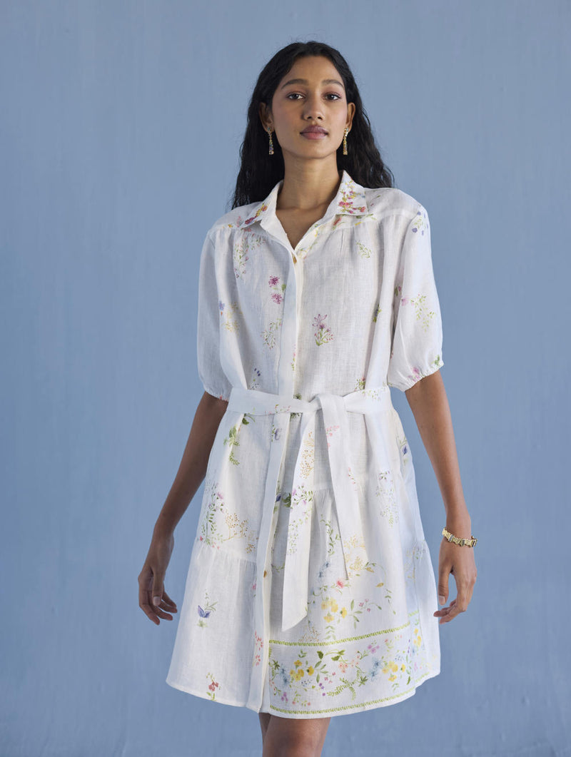 Sia Hand-Embroidered Floral Dress - White linen by Manan in white color for women in Singapore