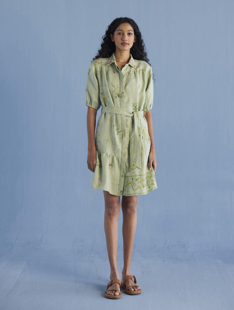 Sia Hand-Embroidered Floral Dress - Mint linen by Manan in mint color for women in Singapore