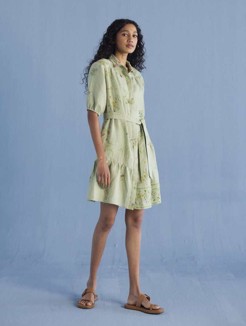 Sia Hand-Embroidered Floral Dress - Mint linen by Manan in mint color for women in Singapore