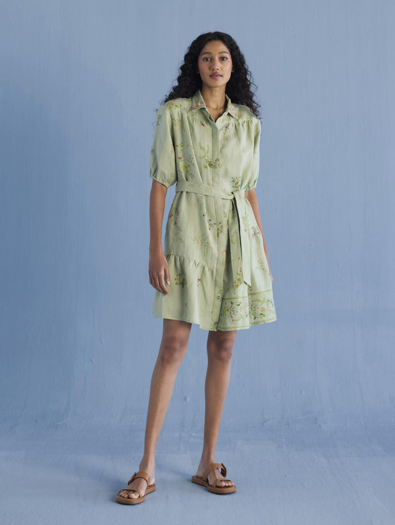 Sia Hand-Embroidered Floral Dress - Mint linen by Manan in mint color for women in Singapore