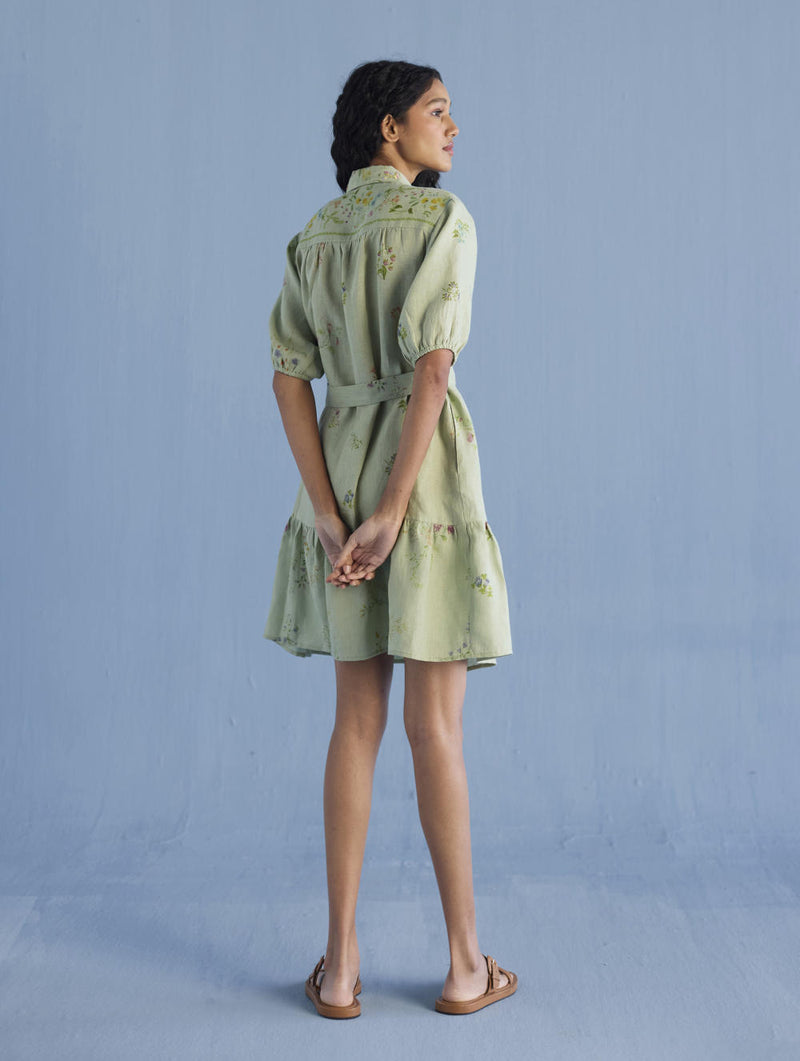 Sia Hand-Embroidered Floral Dress - Mint linen by Manan in mint color for women in Singapore