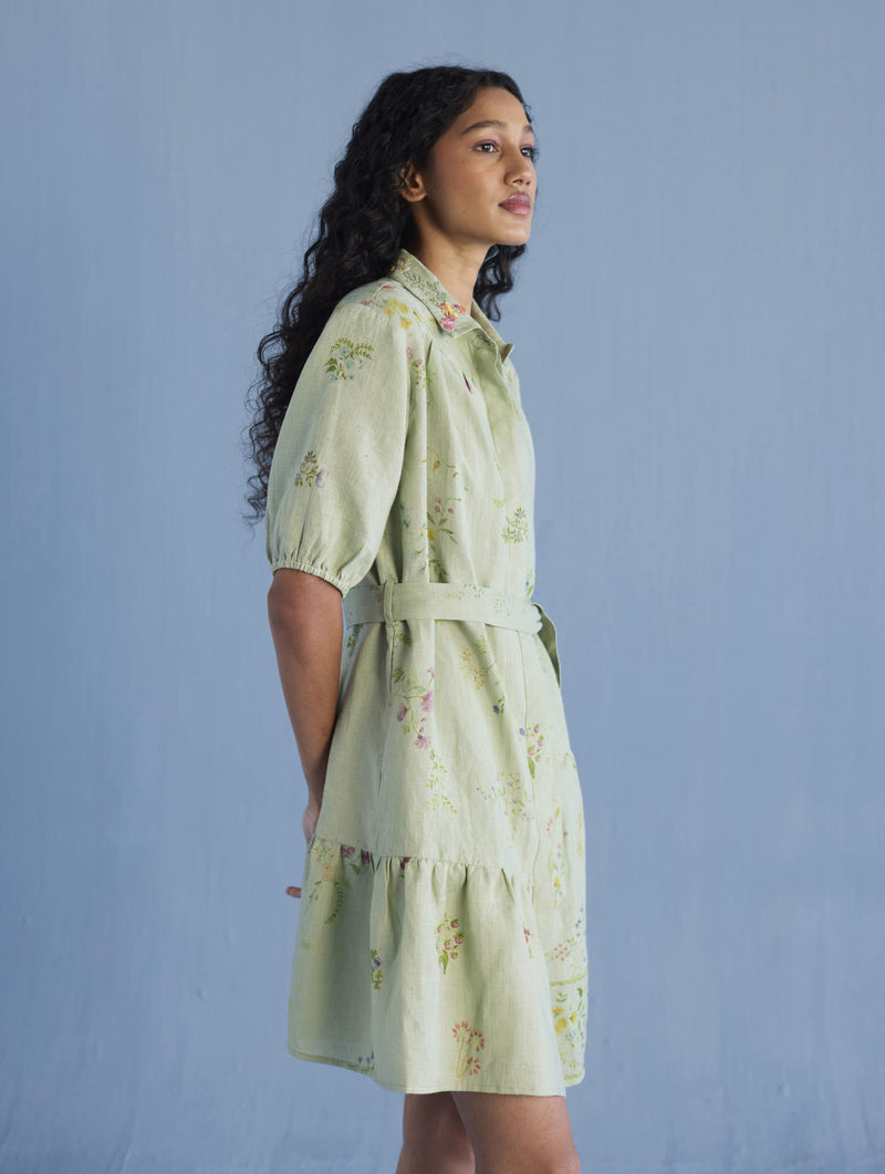 Sia Hand-Embroidered Floral Dress - Mint linen by Manan in mint color for women in Singapore