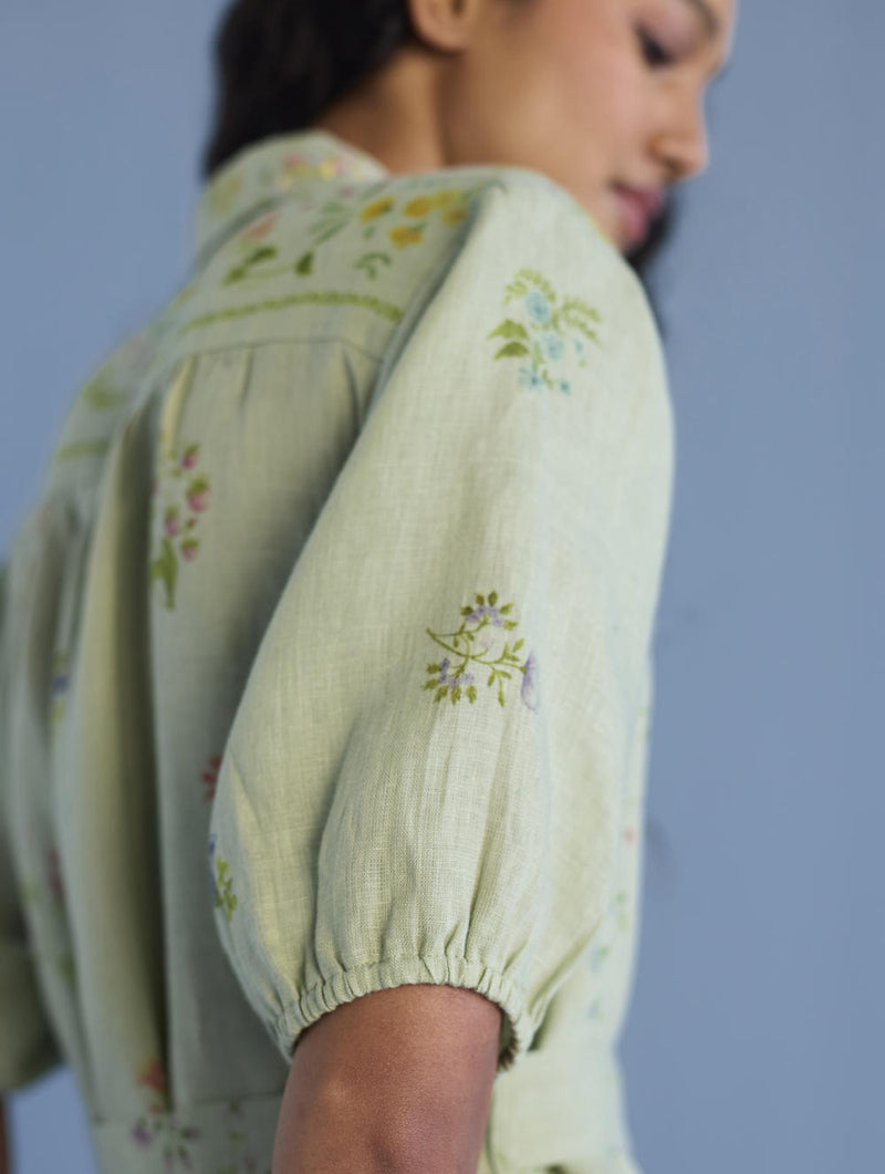 Sia Hand-Embroidered Floral Dress - Mint linen by Manan in mint color for women in Singapore