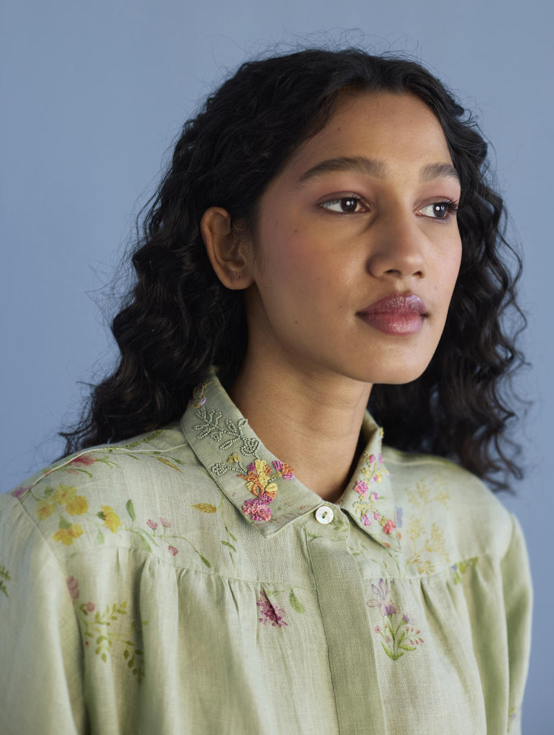 Sia Hand-Embroidered Floral Dress - Mint linen by Manan in mint color for women in Singapore