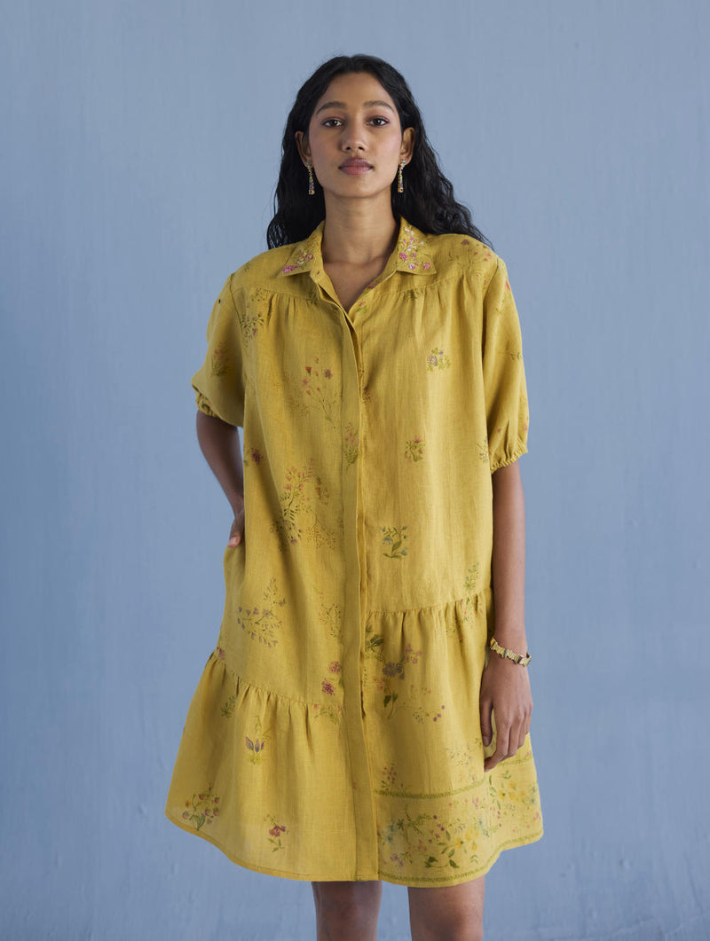 Sia Hand-Embroidered Floral Dress - Ochre linen by Manan for women in Singapore