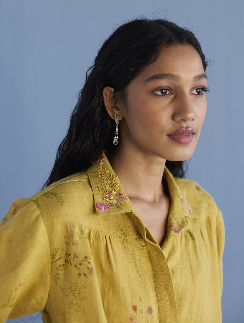 Sia Hand-Embroidered Floral Dress - Ochre linen by Manan for women in Singapore
