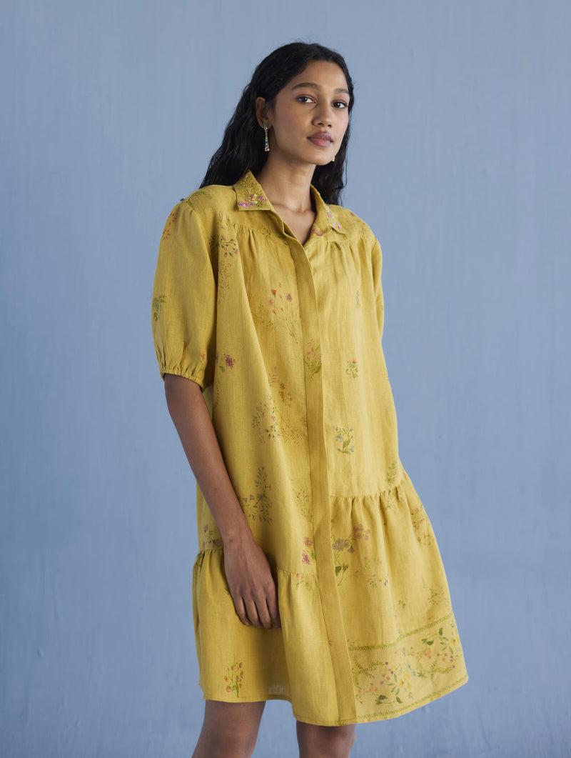Sia Hand-Embroidered Floral Dress - Ochre linen by Manan for women in Singapore