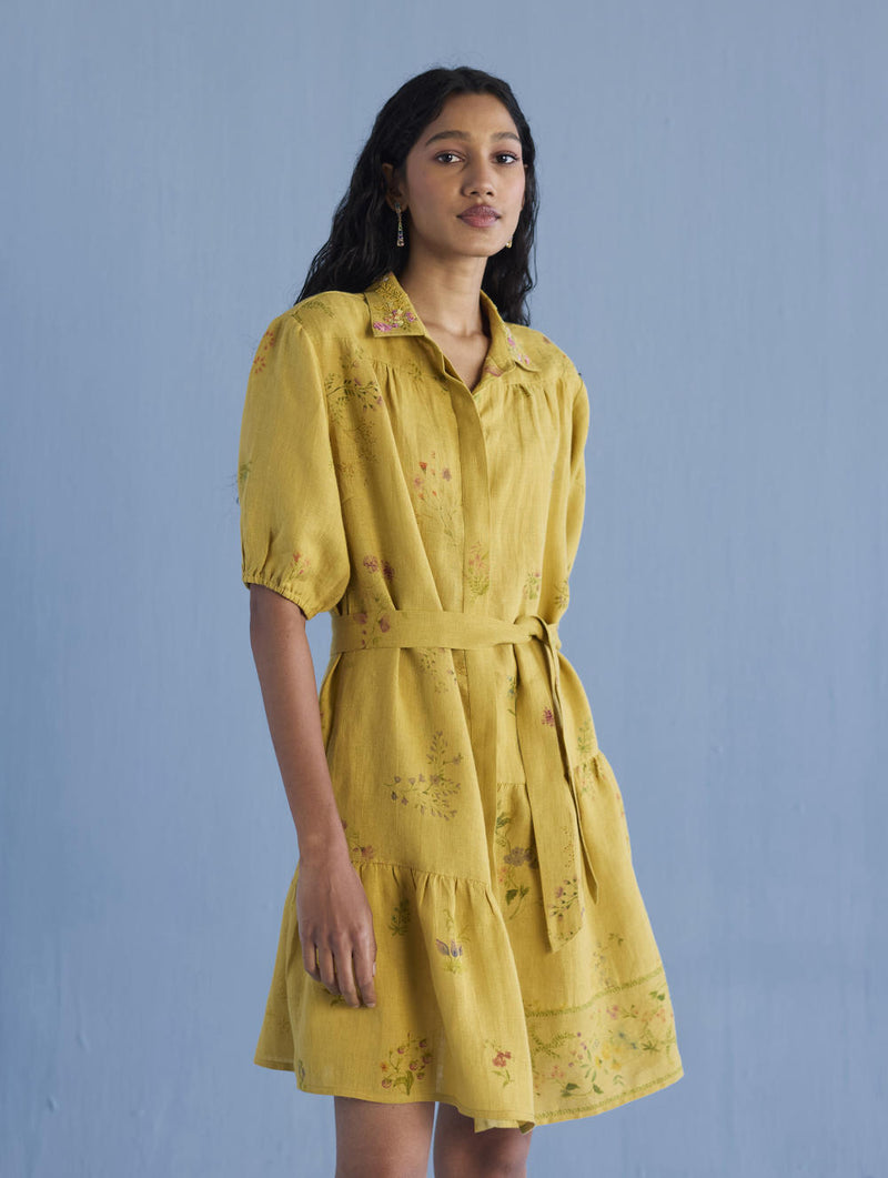 Sia Hand-Embroidered Floral Dress - Ochre linen by Manan for women in Singapore