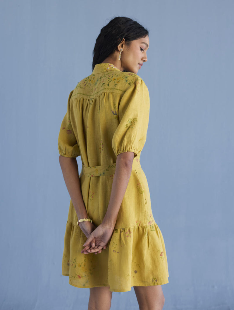 Sia Hand-Embroidered Floral Dress - Ochre linen by Manan for women in Singapore