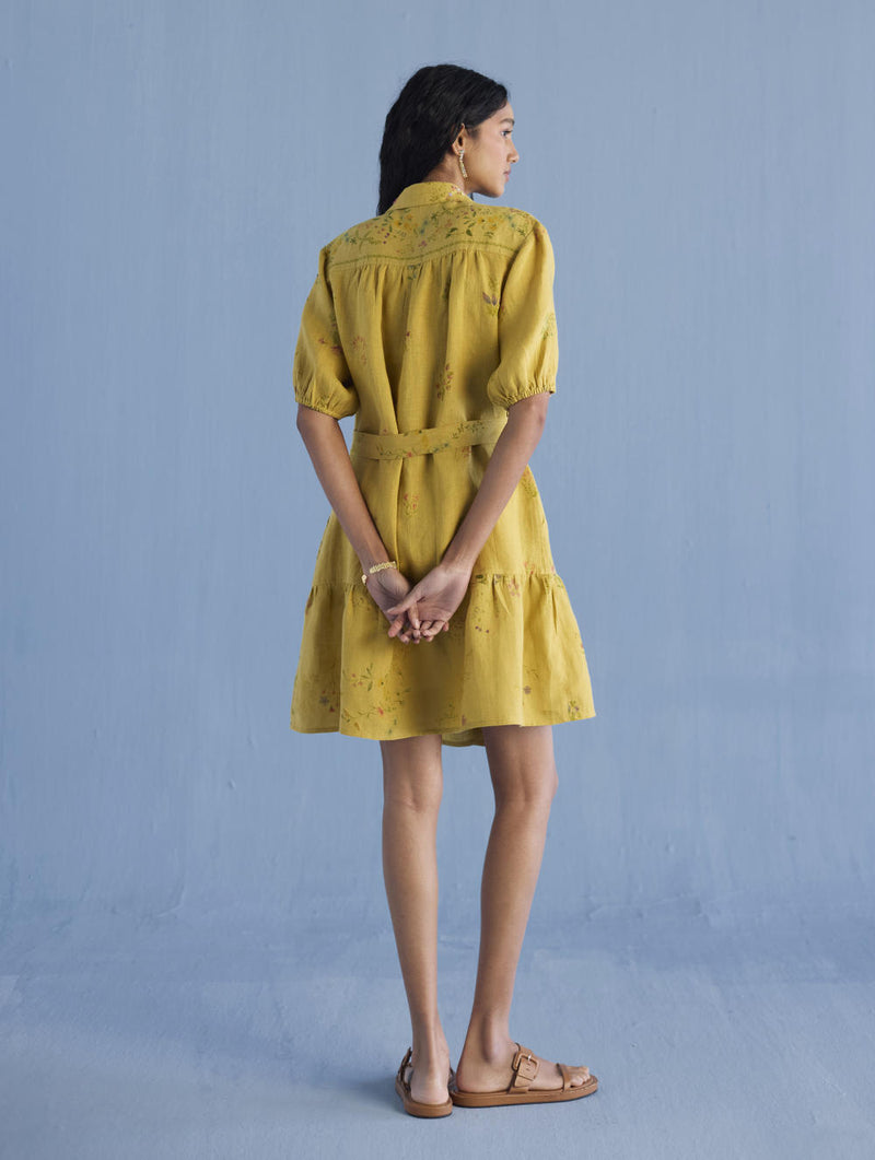 Sia Hand-Embroidered Floral Dress - Ochre linen by Manan for women in Singapore