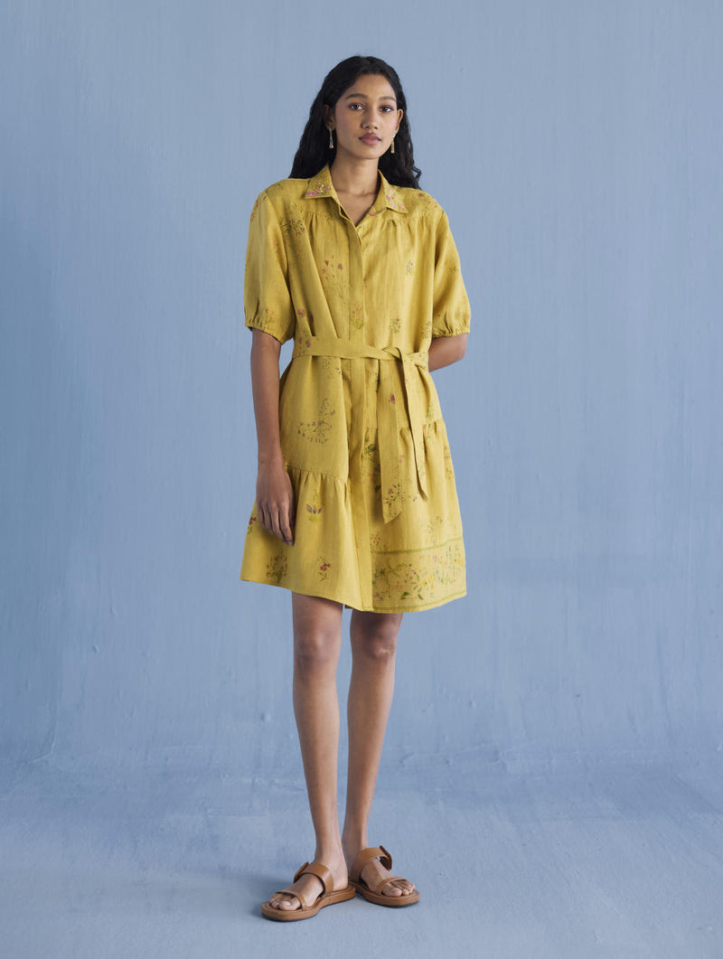 Sia Hand-Embroidered Floral Dress - Ochre linen by Manan for women in Singapore