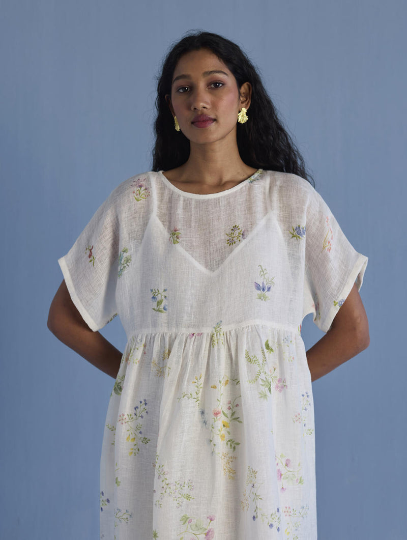 Uniko Pleated Floral Linen Dress - White linen by Manan in white color for women in Singapore
