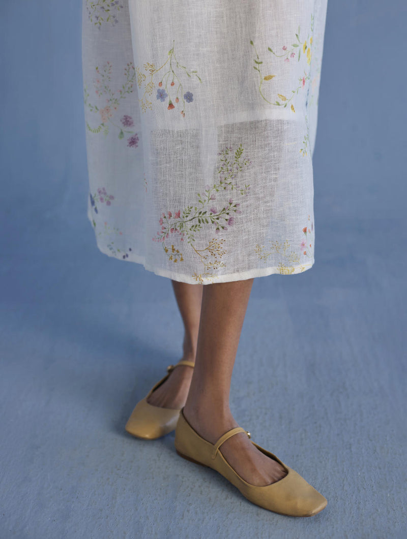 Uniko Pleated Floral Linen Dress - White linen by Manan in white color for women in Singapore