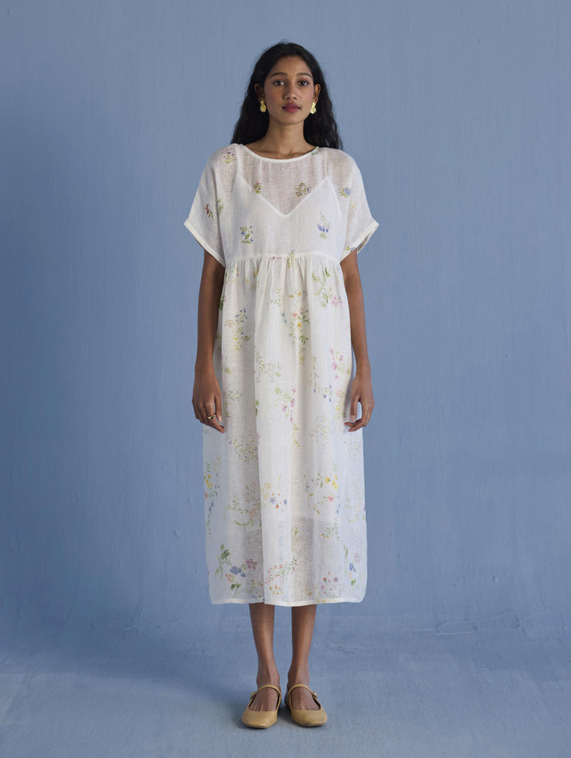Uniko Pleated Floral Linen Dress - White linen by Manan in white color for women in Singapore