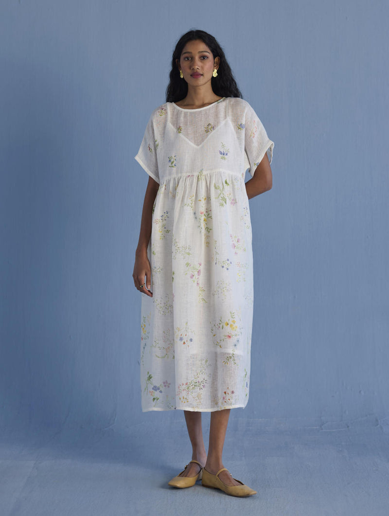 Uniko Pleated Floral Linen Dress - White linen by Manan in white color for women in Singapore