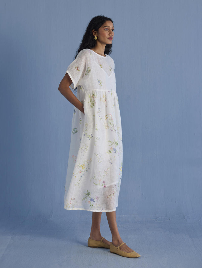 Uniko Pleated Floral Linen Dress - White linen by Manan in white color for women in Singapore